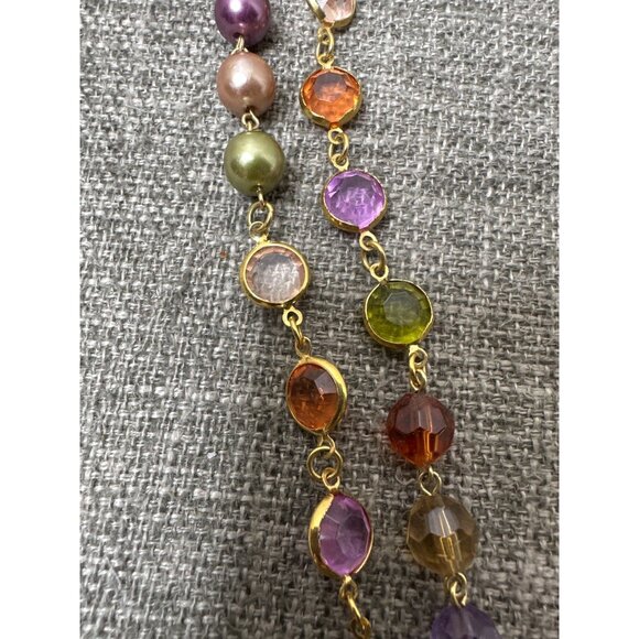 Multi-Color Boho Beaded Necklace w/ Gold Tone Chain Accent Womens Fashion - Picture 3 of 5